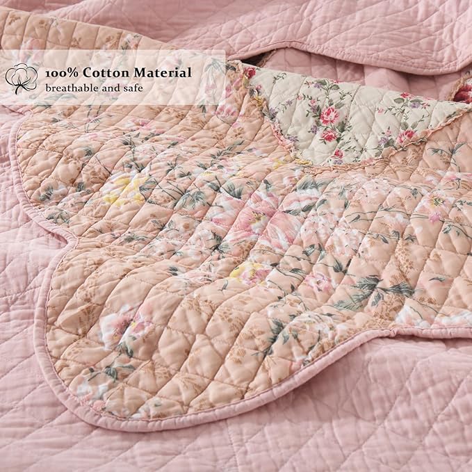 Yvooxny Quilts King Size Patchwork Pink Floral Quilt Set Vintage Shabby Chic Botanical Floral Quilted Bedspread 3-Piece Quilt Set with Ruffle for All Seasons, King Size, 106 * 98 Inches
