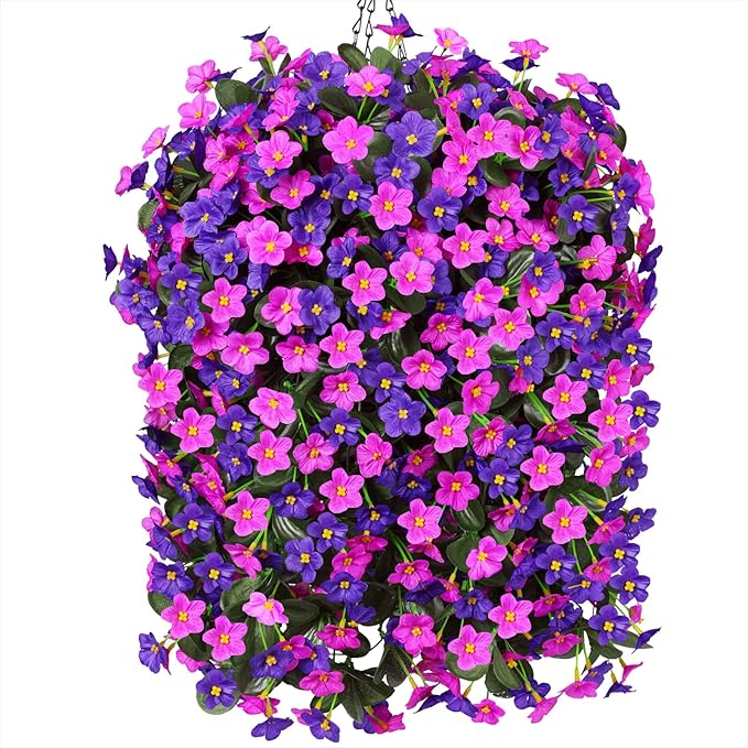 Artificial Fake Hanging Flowers with Basket for Outdoor Decoration,UV Resistant Faux Silk Dark Purple and Fuchsia Orchid Flowers Vines in Planter Realistic Hanging Baskets for Home Porch Garden