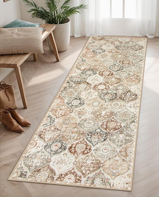 Lahome Moroccan Trellis Hallway Runner Rug, 2x6 Kitchen Runner Rugs Non Skid Washable, Vintage Laundry Room Rug Ultra-Thin Long Carpet for Bathroom Bedroom Entryway, Khaki