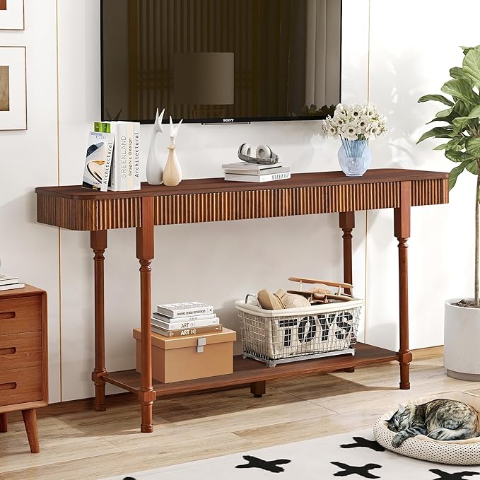 63”Console Table with 2 Drawers, Farmhouse Entryway Table with Fluted Panel & Storage Shelf,Narrow Long Behind Couch Tables Accent Sofa Table with Solid Wood Legs for Living Room Foyer Hallway(Walnut)