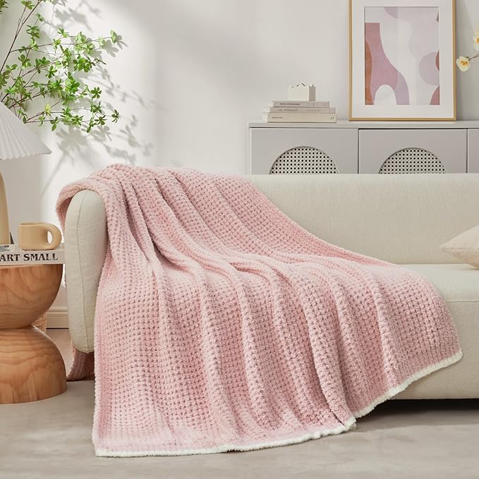 Snuggle Sac Ultra Soft Waffle Throw Blanket for Couch Bed Sofa 50x60 inches, Reversible Pink Blanket Microfiber Fluffy Fuzzy Cozy Knit Throws for Women Mothers Birthday Gifts