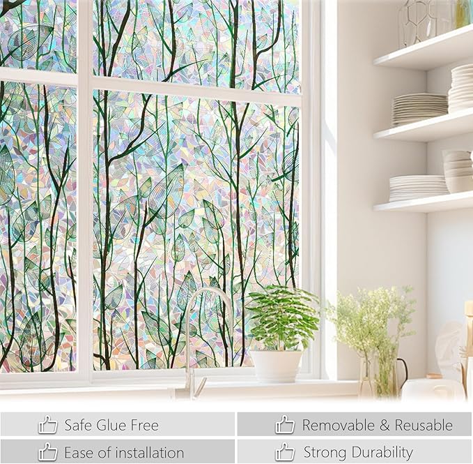 LEMON CLOUD Privacy Window Film 3D Stained Glass Window with Installation Tools,No Glue Static Cling Window Sticker,Decorative for Glass Door,Bathroom,Office and Home (Leaf Rainbow,35.4 x 157.4 Inch)