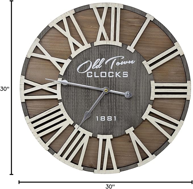 30" Rustic Farmhouse Roman Wooden Wall Clock Silver Hands (Whitewood Lettering, 30 inch)