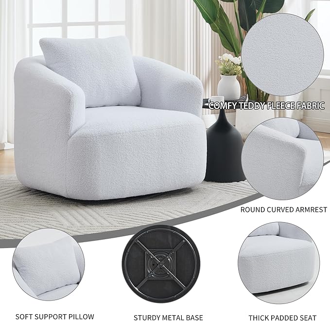 Swivel Accent Chair,360° Rotating Barrel Chair,Teddy Fleece High-Resilience Sponge Single Sofa, Easy Assembly for Living Room, Bedroom, Apartment White
