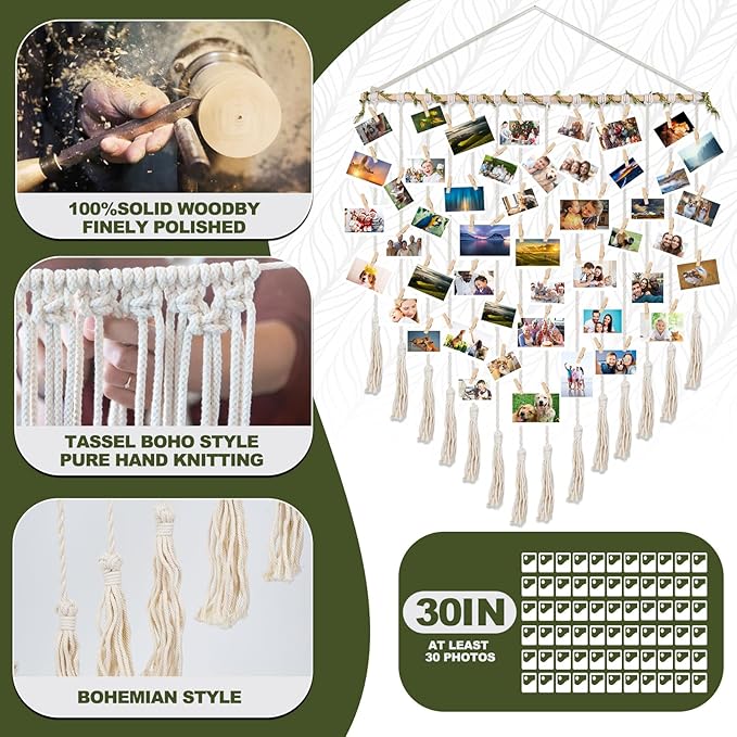 Hanging Photo Display boho bedroom decor teenage girl room decor Birthday Gifts for Grandma gift for mom Grandma’s Gifts - from Daughter, Granddaughter and Grandson - Mom Grandmothers Photo Holder，with 30 Wood Clips, 35" L x 30'' W