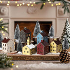 18pcs Wooden Christmas Village Set Colorful Houses and Multicolored Church with Electronic Candle Light and Xmas Tree for Christmas Party Supplies and Holiday Figurines Gift