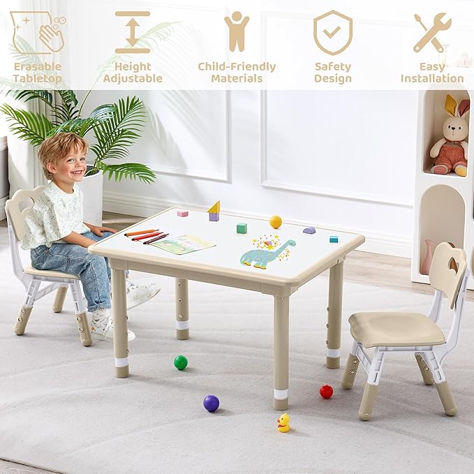 Kids Table and 2 Chairs Set, Height Adjustable (17.7"-26.1") Toddler Table and Chair Set, Multi-Activity Table with Graffiti Desktop, Children’s Table and Chairs for Classroom, Home & Daycare