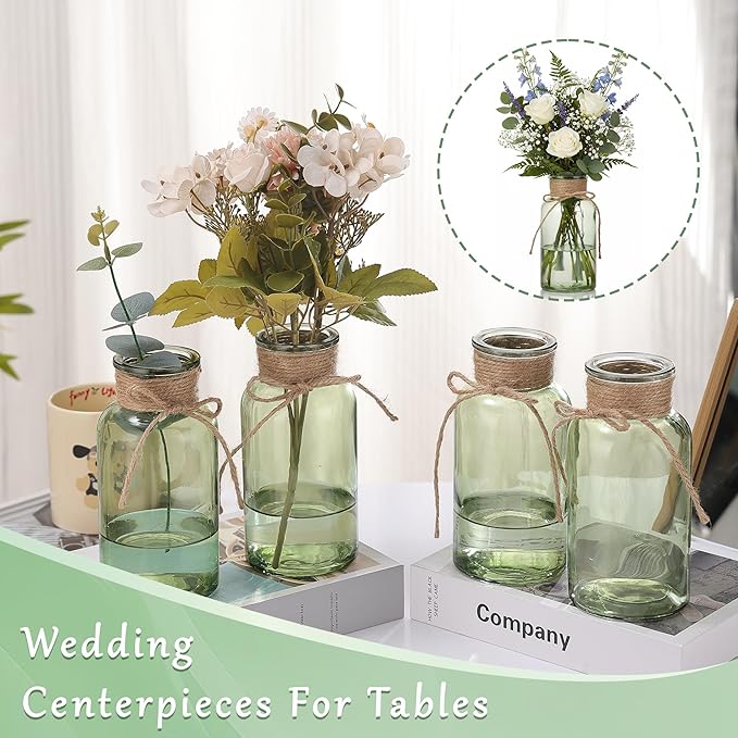 Green Glass Flower Vases for Centerpieces Set of 12, Mason Jars Boho Cylinder Bud Vases in Bulk, for Weddings Parties Vintage Home Decor