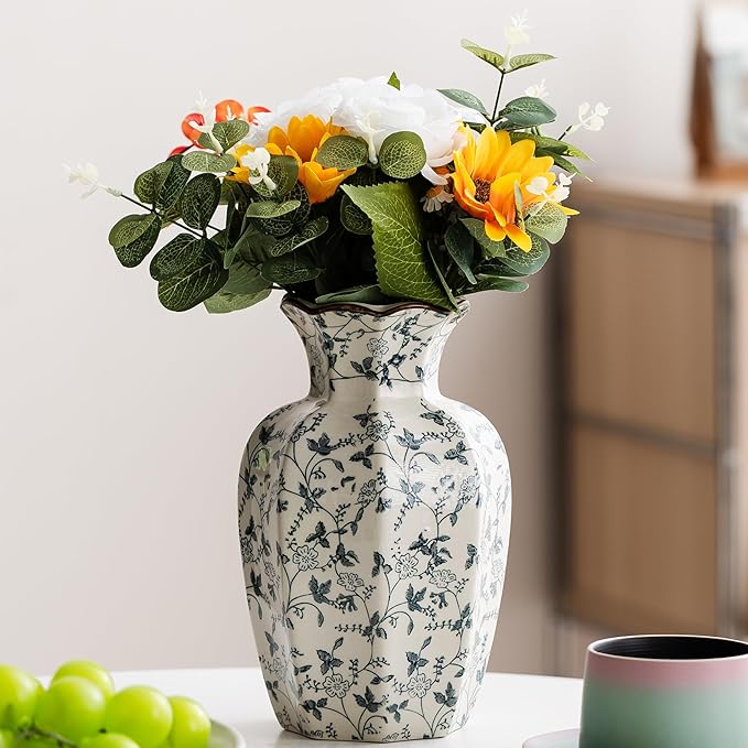 Blue and White Vase, Vintage Blue Ceramic Flower Vessel,Ceramic vases for Home Decor,Vintage Green and Beige for Console Table Mantle Chinoiserie Decor (Retro-01, Large)