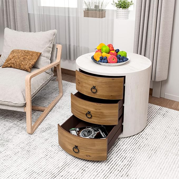 HOMPUS Round 3 Drawer Nightstand Set 2, Farmhouse Chest of Drawers, No Assemble Required, Modern Nightstand Set of 2, Wood Bedside End Tables w Drawers for Bedroom, Brown + White