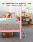 VEVOR Canopy Bed Frame Twin Size, Metal Canopy Bed with Minimalist Headboard & Four Posters Design, Heavy Duty Steel Slats Support, Underbed Storage Space, No Box Spring Needed, Easy Assembly, Pink