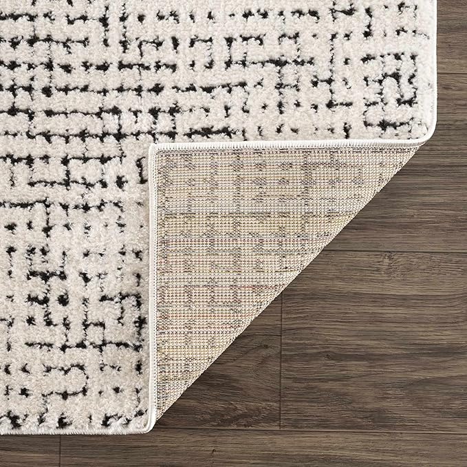 BoutiqueRugs Keita Contemporary Mosaic Area Rug - High Pile Fluffy Soft Shag Carpet for Living Room, Bedroom - Black and White - 6'7" x 9' (6x9)