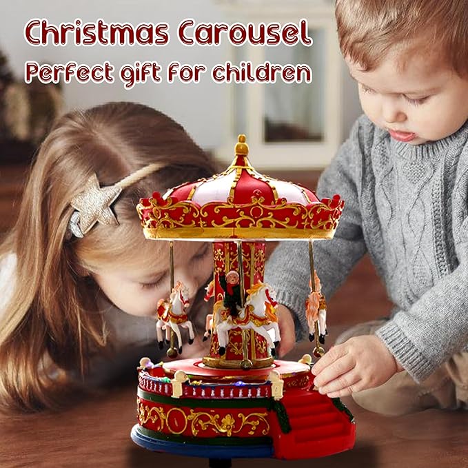 Christmas Carousel Figurines Decoration Christmas Village House Musical Carousel with 6 Moving Horses Go Round, 8 Pieces of Music Snow Globe, Music Box for Girl and Boy Kids