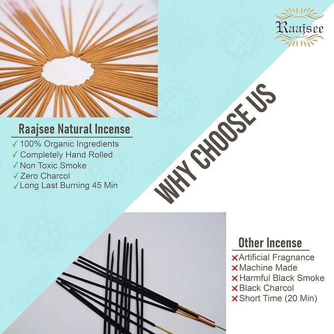 raajsee Incense Sticks 6 Pack Variety Set 15gm Each, Nag Champa- Jasmine - vanila-Japanese Rose-White Sage,100% Organic Hand Rolled- Perfect for Yoga, Meditation,Aromatherapy