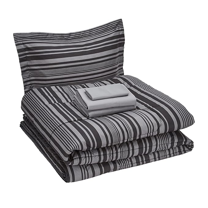 Amazon Basics 5-Piece Lightweight Microfiber Comforter Set with Sheets ,Bed-in-a-Bag Sheets, Gray Calvin Striped Bedding, Twin/Twin XL