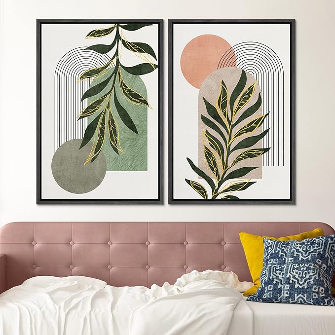 SIGNFORD Framed Canvas Print Wall Art Set Jungle Palm Leaf Geometric Polygons Abstract Shapes Illustration Modern Art Decorative Nordic Nature for Living Room, Bedroom, Office - 16"x24"x2 Black
