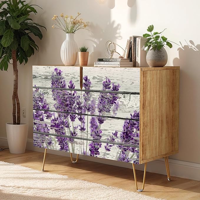 SIGNWIN Sideboard Buffet Cabinet, Kitchen Storage Cabinet with 2 Doors, Wood Panel Lavender Flowers, Cupboard Console Table for Dining Room - 35" L x 18" W x 29" H
