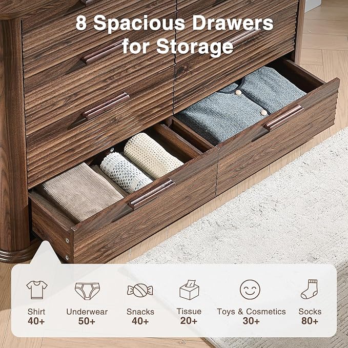 Okvnbjk Fluted 8 Drawer Dresser, 52" Wide Modern Wood Dresser for Bedroom, Chest of Drawers with Curved Profile Design, TV Stand & Storage Organizer for Living Room, Hallway