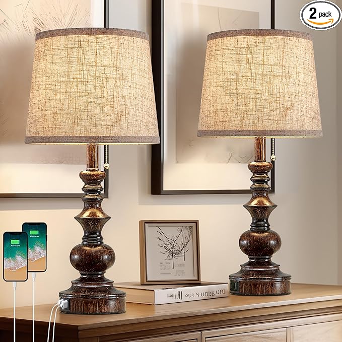 22'' Farmhouse Bedside Table Lamps Set of 2 for Bedroom Nightstand Lamps with USB A+C Charging Ports Traditional Small Table Lamp for Living Room End Tables,Pull Chain,Bulbs Not Included