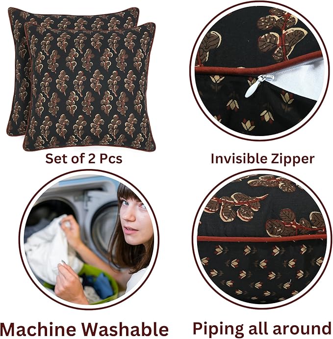 Ridhi Hand Block Print 18x18 Black Decorative Outdoor Couch Throw Canvas Pillow Cover Set of 2 Washable Modern Vintage Boho Chic Spring Home Decor GIFS Cover