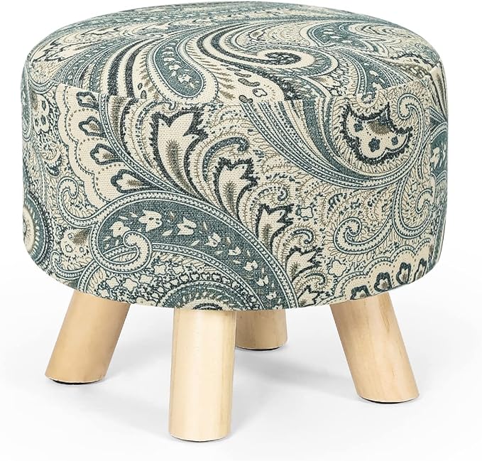 Asense Small Round Ottoman Foot Rest Stool Linen Padded Seat Footstool Ottoman with Anti-Slip Wooden Legs (Blue+Beige,Linen)
