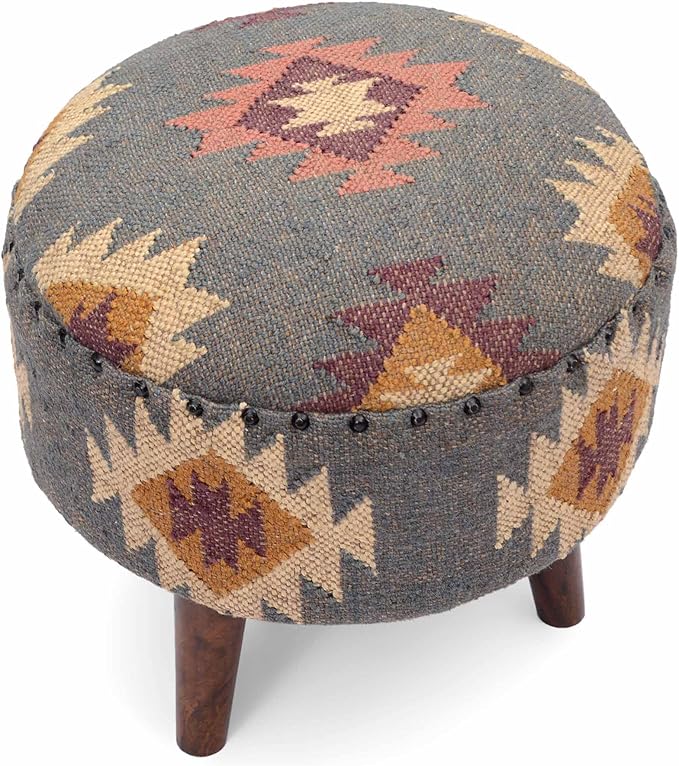 Handmade Kilim Jute Pouf Ottomans Wooden Seating Stool for Living Room, Bedroom (16" D x 16" W x 16" H) (Grey)