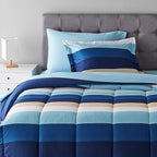 Amazon Basics 5-Piece Lightweight Microfiber Bed-In-A-Bag Comforter Bedding Set, Soft, Twin XL, Blue Stripe