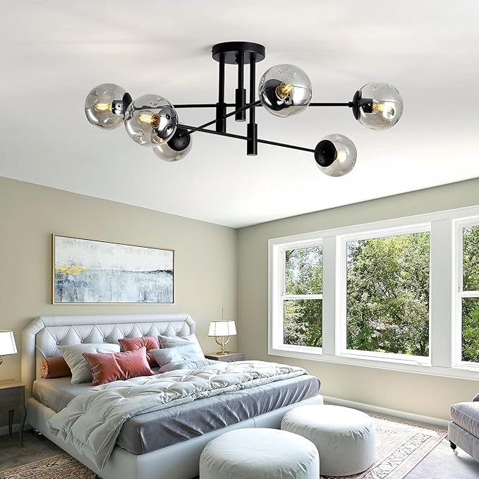 SZXYKEJI 6-Lights Glass Globe Sputnik Chandelier Modern Flush Mount Ceiling Light Fixture Black Farmhouse Lighting for Dining Room Living Room Bedroom Kitchen Passageway.