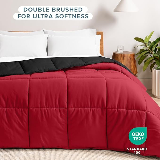 Bare Home Queen Comforter - Reversible Colors - Goose Down Alternative - Ultra-Soft - Premium 1800 Series - All Season Warmth - Bedding Comforter (Queen, Black/Red)