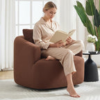 Luxlen Swivel Accent Chair with Pillow for Living Room, Teddy Fleece Upholstered Single Sofa, 360° Rotating Barrel Chair with Metal Base for Bedroom, Office, Apartment - Brown