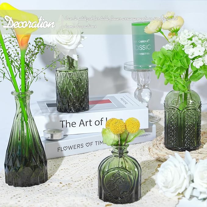 Glass Bud Vase Set of 24, Small Green Flower Vases for Centerpieces in Bulk, Mini Vintage Vase for Wedding Decor, and Home Table Décor