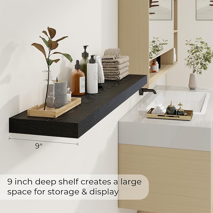 Dreamland 48 inch Floating Shelves for Wall Large Wall Mounted Shelves with Invisible Brackets, Black Long Shelves for Bathroom, Living Room, Kitchen, Office, 48x9.1 inch deep Set of 2