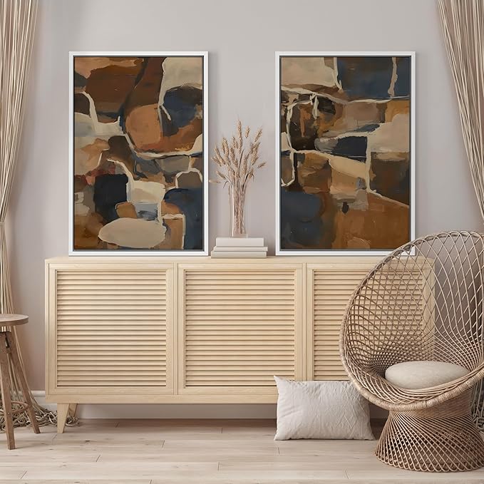SIGNFORD Framed Canvas Print Wall Art Set Earthy Tones Abstract Layers Modern Brown and Blue Color Block Illustrations Modern Art Decorative for Living Room, Bedroom, Office - 24"x36"x2 White