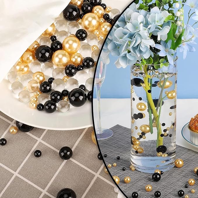 200 PCS Black Gold Vase Fillers, Pearls Bead for Centerpieces Vases, 10/14/20 MM No Hole Beads, Fake Pearls for Wedding Birthday Anniversary Theme Party Table Centerpieces Decor