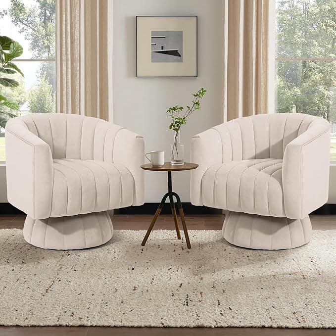 Kromax Swivel Accent Chair with Armrest, Set of 2, Mid Century 360 Degree Swivel Barrel Chair Overstuffed Tufted Velvet, Ideal for Living Room, Bedroom, Reading Room, Beige