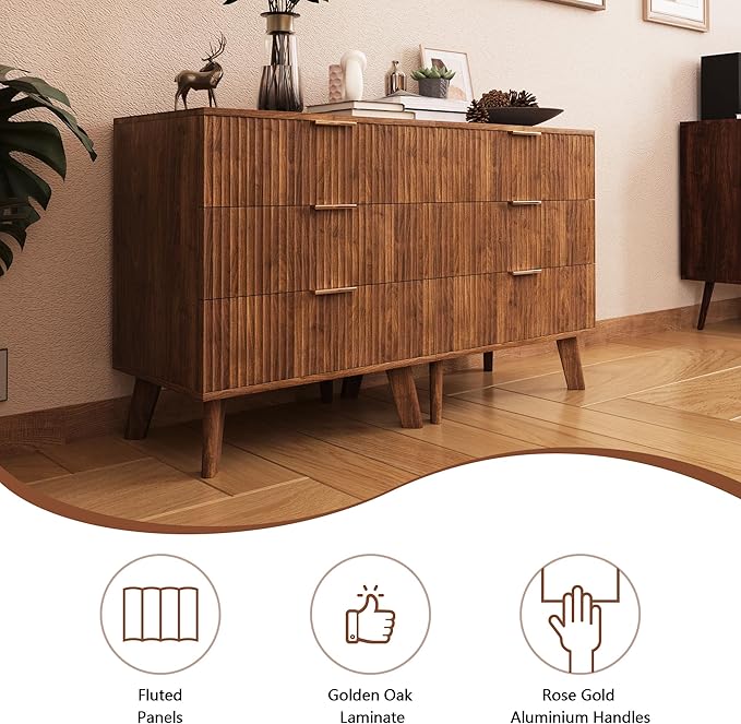 Fluted 3 Drawer Dressers, Modern Closet Dressers Chest of Drawers, Wood Storage Dresser Chest of Drawers Organizer for Bedroom Living Room Hallway Closet, Walnut, 2 Sets