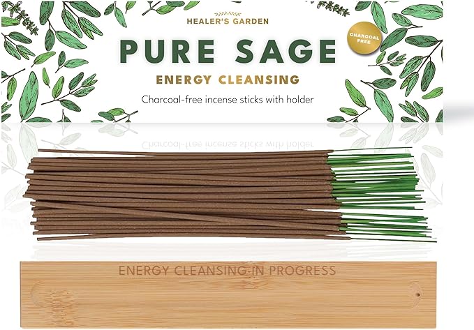 Premium Sage Incense Sticks with Energy Cleansing Engraved Wood Holder - Charcoal Free, Clean, Non Toxic - Negative Energy Protection, Purification - New Home Spiritual Smudging Incenses, 30 Sticks