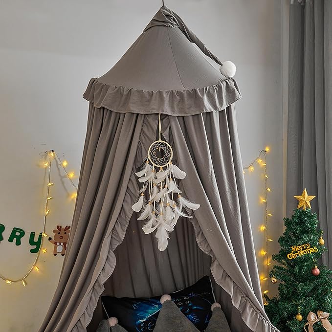 VETHIN Bed Canopy for Girls,Princess Round Dome Dreamy Mosquito Net Bedding Girls Room Castle Play Tent Hanging House Decor Reading Nook Canopies (Grey)