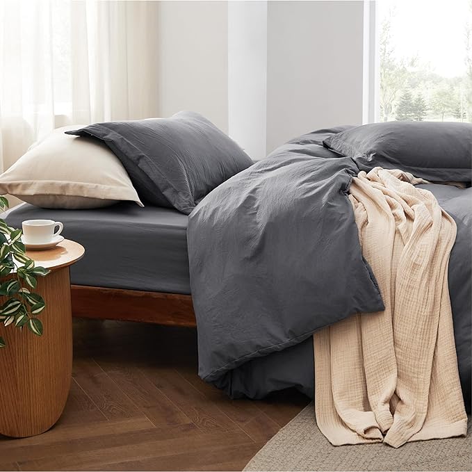 Bedsure Duvet Cover Full Size with Fitted Sheet - 4 Pieces Prewashed Cotton-Like Extra Soft Bedding Set, Includes 1 Duvet Cover 80x90 Inches, 2 Pillow Shams, 1 Fitted Sheet, Dark Grey