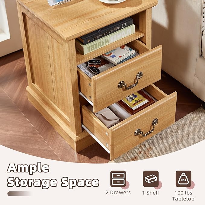 2PCS Farmhouse Nightstands with Charging Station，18" End Table with 2 Drawers，Farmhouse Nightstand with Vintage Handles, Bedside Cabinet for Bedroom for Bedroom, Living Room,Natural