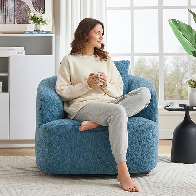Swivel Accent Chair,360° Rotating Barrel Chair,Teddy Fleece High-Resilience Sponge Single Sofa, Easy Assembly for Living Room, Bedroom, Apartment Blue