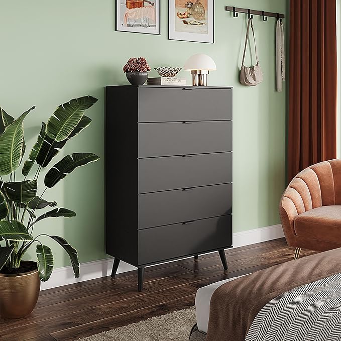 WLIVE 5 Drawer Dresser for Bedroom, Tall Wood Dresser, Black Dressers Storage Organizer with Sturdy Metal Handle, Chest of Drawers for Living Room, Hallway, Closet