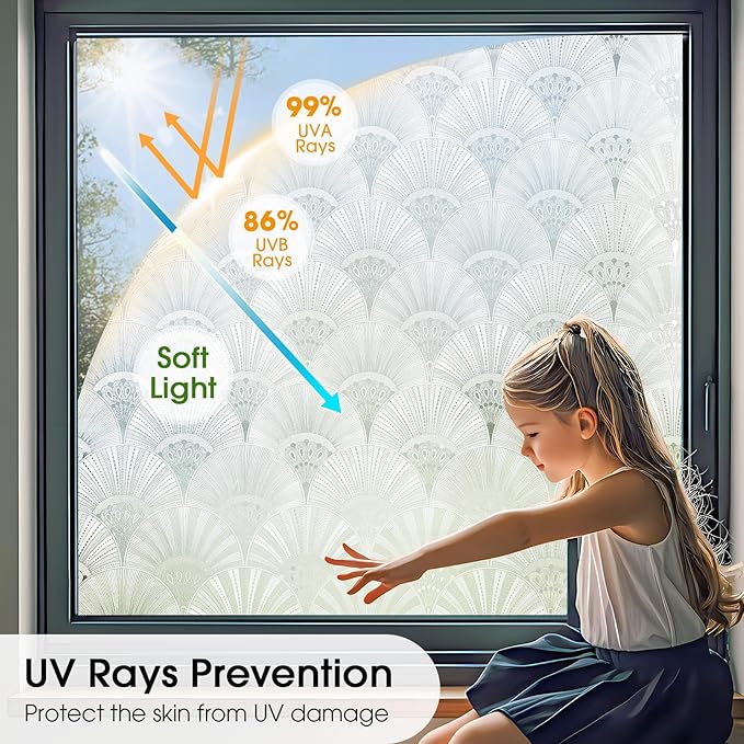 Beautyhero Window Privacy Film, Frosted Reeded Glass Cling, 3D Decorative Coverings with UV Blocking, Static Cling Tint for Bathroom Doors Cabinet