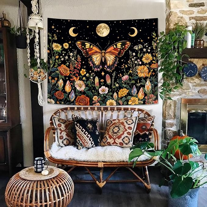 Lunerfex Boho Butterfly Tapestry Flower Moon Wall Tapestry, Moon Phases Tapestries for Bedroom Cute Tapestries Wall Hanging for Bedroom Living Room Decor Butterfly-2 44"x60"