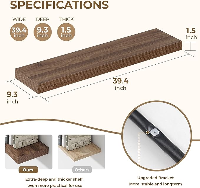Dreamland 40 Inches Floating Shelves for Wall, 9.3" Deep Long Floating Shelves Set of 2, Large Display & Storage Shelf, Wall Shelf for Bathroom Bedroom Living Room Kitchen Office, Walnut