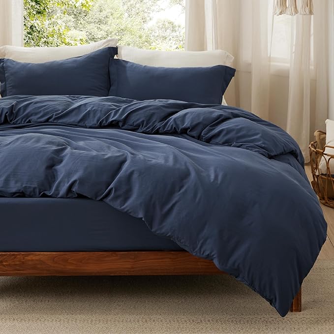 Bedsure Duvet Cover Queen Size with Fitted Sheet - 4 Pieces Prewashed Cotton-Like Extra Soft Bedding Set, Includes 1 Duvet Cover 90x90 Inches with Zipper Closure, 2 Pillow Shams, 1 Fitted Sheet, Navy