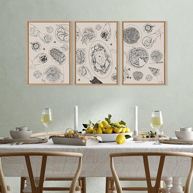 HPINUB Vintage Food and Drink Framed Canvas Wall Art Set,Sketch Pizza Cheers Wall Decor,Thanksgiving Dinner Turkey Artwork,Black and white Art Prints for Kitchen,Dining Room,Gatherings Decor-16"x24"x3