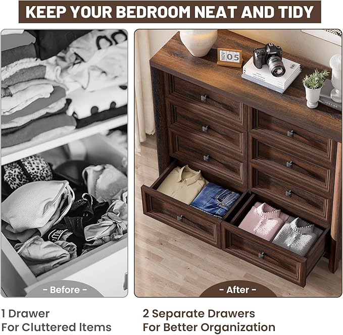 Farmhouse 8 Drawer Dresser for Bedroom, 41" Tall Wood Chest of Drawers, 43.3" Wide Dresser TV Stand, Storage Closet Drawer Organizer for Bedroom, Walnut