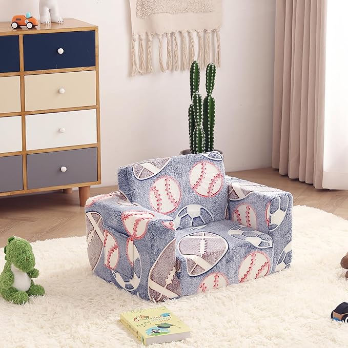 Toddler Chair Kids Couch, 2-in-1 Toddler Soft Sherpa Couch Fold Out Armchair Glow in The Dark with Removable Cover, Convertible Reading Chair Toddler Sofa for Kids, Football