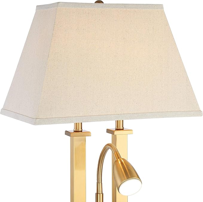 Possini Euro Design Deacon Modern Desk Table Lamp with USB and AC Power Outlet in Base LED Gooseneck 26" High Antique Brass Oatmeal Linen Drum Shade for Living Room Bedroom Bedside Nightstand